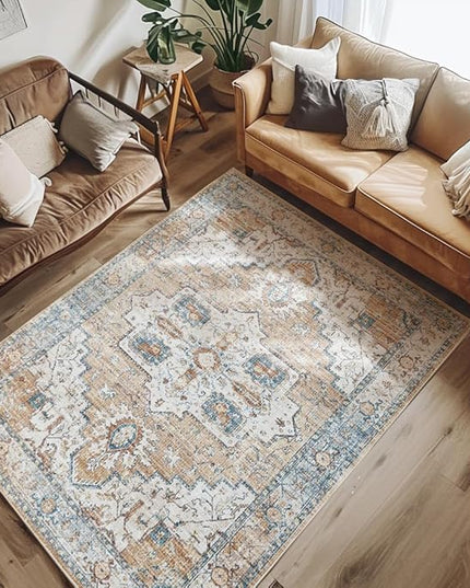 jinchan 5x7 Area Rugs for Bedroom - Machine Washable Tribal Vintage Floral Stain Resistant Ultra-Thin Low-Pile Non-Slip Distressed Carpet for Living Room Dining Room Kitchen (5x7ft, Orange)