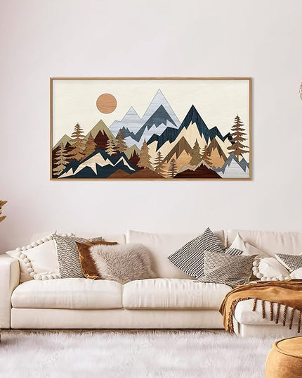 HOURIA Mid Century Mountain Woodland Framed Wall Art Set,Boho Sunrise Pine Tree Wall Decor,Wilderness Nature Forest Artwork,Modern Woodcut Field Art Print for Living Room,Bedroom,Office- 20"x40"x1