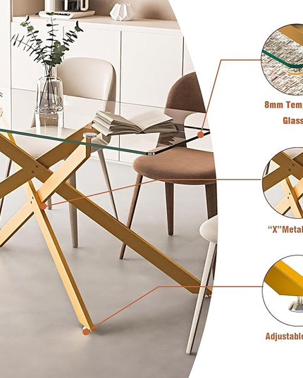 Modern 5-Piece Glass Dining Table Set for 4, Modern 60" Rectangle Gold Glass Dining Room Table Set with Beige Velvet Tufted Chairs Wood Legs for Kitchen Dining Room