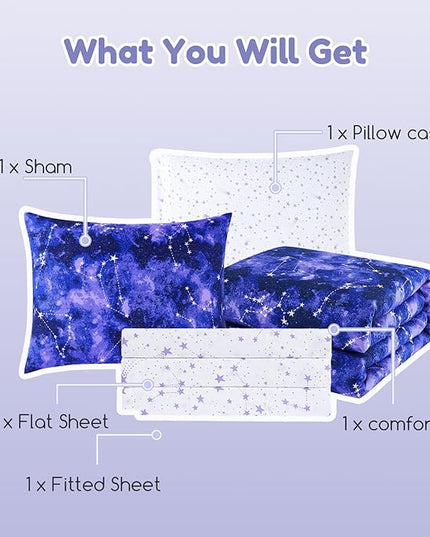 Twin Comforter Set - 5 Pieces Girls Boys Galaxy Glow in The Dark Twin Bedding Sets for Kids, Ultra Soft Bed in A Bag with Sheets
