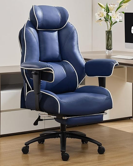 DJ·Wang Big and Tall Office Chair with Foot Rest, High Back Executive Office Chair PU Leather, Ergonomic Chairs with Lumbar Support, 135° Reclining Chairs with Thickened Spring Cushion Blue