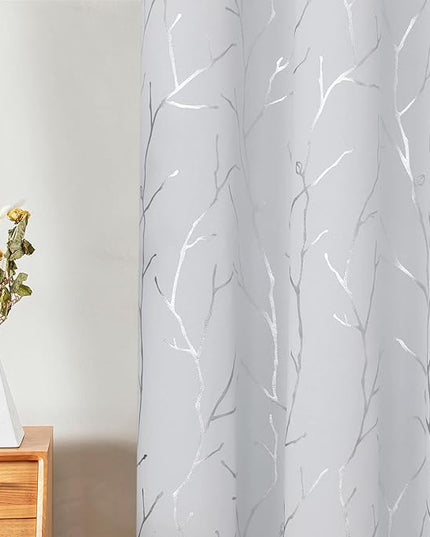 BUHUA 72 Inch Length Curtains, Insulated Blackout Curtains, Grommet Top Bedroom Curtains 2 Panels Set with Elegant Silver Tree Branches Print, 38W x 72L, Greyish White