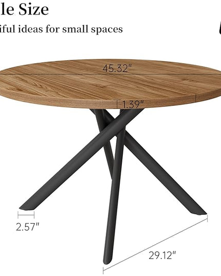 45.3 Inch Modern Round Dining Table for 4, Space-Saving Dinette with Carbon Steel Legs for Home Kitchen Apartment(Light Walnut Table)