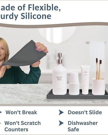 Countertop and Vanity Tray - 11.7" Silicone Bathroom Tray Countertop, Dish Soap Trays for Kitchen Counter, Sink Organizer Caddy Accessories, Toilet Plant Shower Makeup Mat Oil Holder