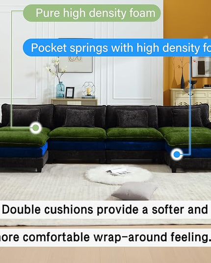 154" Modular Sectional Sofa, Comfy Cloud Couch Sectional Sofa with Ottoman, Chenille Sofa Sleeper Deep Seat Sofa with Throw Pillows for Living Room (Black, 154"- U Shape)