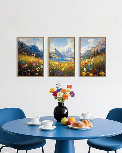 HOURIA Boho Vibrant Watercolor Wildflower & Snowy Mountain Framed Canvas Wall Art Set,Colorful Floral Landscape Decor,Modern Natural Field Scenery Artwork for Living Room,Bedroom,Farmhouse-24 x36 x3