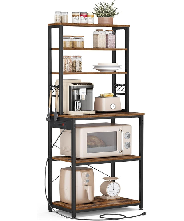 VASAGLE Bakers Rack with Power Outlet, 23.6 Inches Coffee Bar for Kitchen with Storage, 6-Tier Kitchen Shelves with 6 Hooks, Microwave Stand, Industrial, Rustic Brown and Ink Black UKKS124K03