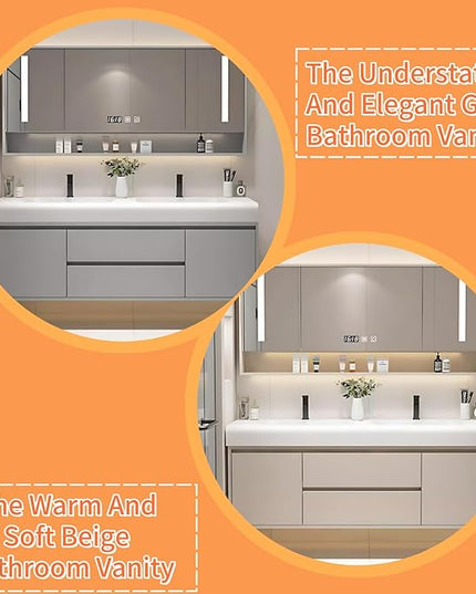 60IN Floor Standing Vanity Bathroom Double Sink - Double Sink Bathroom Vanities, Bathroom Wall Mirror Includes Smart Defogging & LED Lights | Splash Guard, Exquisite Handles (Beige)