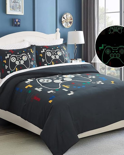 Full Size Comforter Set for Boys-7 Pieces Gamer Glow in The Dark Full Bedding Sets for Kids, Ultra Soft Bed in A Bag with Sheets