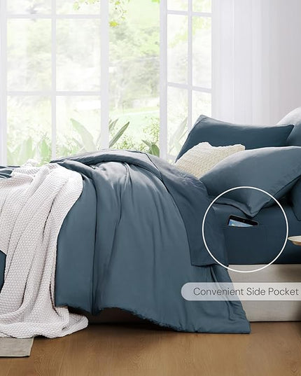 WRENSONGE Queen Comforter Set- 7 Pieces Soft Oxford Blue Bed in a Bag with Fitted Sheet, Flat Sheet, 2 Pillow Shams, and 2 Pillowcases- Warm Bedding Sets Queen for All Season