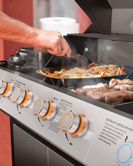 4 Led Burner Propane Gas Grill with Side Burner & & Visual Glass, Stainless Steel Gas Grill with Enameled Cast Iron Grates, 60,000 BTUs Output for Outdoor Cooking and Patio Backyard Barbecue