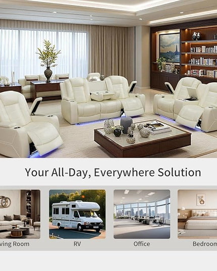 Power Recliner Chair Set, Leather Reclining Sectional Couch with Adjustable Angle, Living Room Furniture Sets, Modern Reclining Single Chair with Armrests and Backrests for RV(Creamy White)