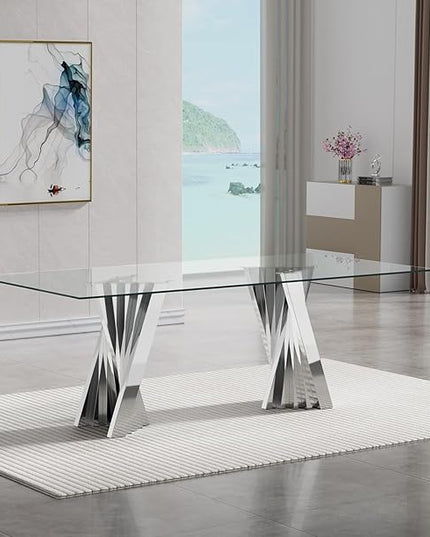 70" Glass Dining Table for 6, Modern Tempered Glass Kitchen Table, Rectangular Dining Room Table with Silver Stainless Steel Base Dinner Tables for Kitchen Home Office