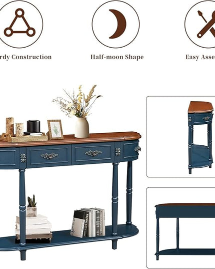 HMFULE Retro Curved Console Table, 52" Half Moon Sofa Entryway With 2 Drawers 1 Open Shelf, Solid Pine Legs for Living Room, Hallway, Navy Blue