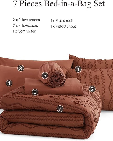 Queen Comforter Set Autumn Leaf, Tufted Boho Bedding Farmhouse Bed Set, All Season 7 Pieces Bed in a Bag with Sheets, Pillowcases & Shams