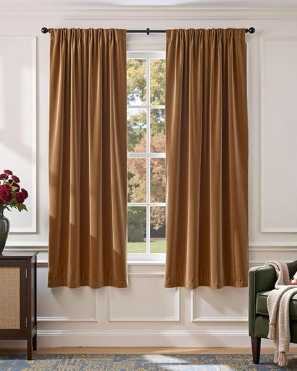 Lazzzy Velvet Blackout Curtains Thermal Insulated Room Window Drapes Super Soft Luxury Curtains for Living Room Bedroom Rod Pocket 2 Panels, Gold Brown, 52" W x 72" L