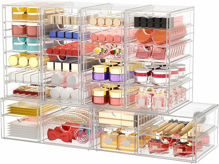 Makeup Organizer Storage with 30 Drawers, 6 Pcs Desktop Office Supplies, Desk Organizers, Clear Accessories, Dustproof Drawer and for Make Up, Jewelry, Pen, Stationary