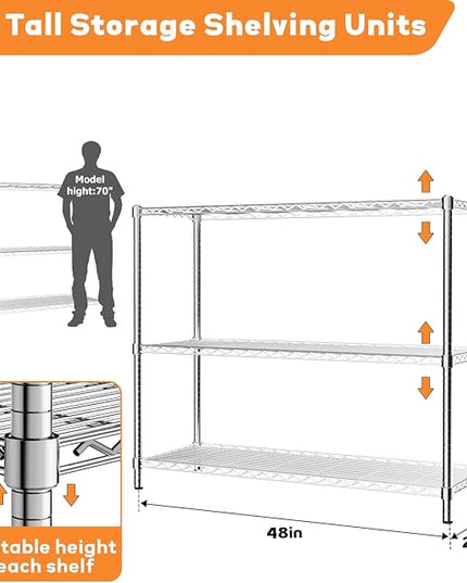 Storage Shelves Heavy Duty, 48" W x 20" D x 47" H Garage Wire Shelving Unit Loads 1200LBS, 3-Tier Adjustable Metal Industrial Utility Shelf Rack for Kitchen, Laundry Room, Pantry, Warehouse, Basement