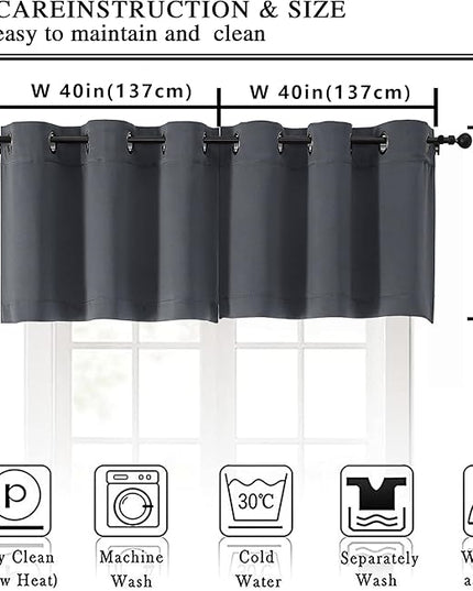Simplebrand Grey Kitchen Valances for Windows 18 Inches Long 2 Pack, Room Darkening Window Valances for Living Room, Grommet Short Straight Drape Kitchen Curtains for Bedroom Kids Room, 40Wx18L