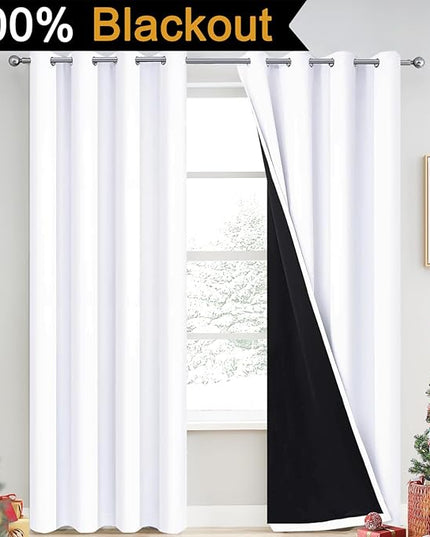 Yakamok Pure White 100% Blackout Curtains, 2 Thick Layers Completely Blackout Curtains Thermal Insulated Noise Reducing Drapes for Bedroom(52Wx90L, Pure White, 2 Panels)