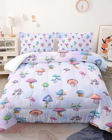 3 Piece Colorful Mushroom Comforter Set with 2 Pillow Covers,Cartoon Colorful Gradient Lightweight Soft Bedding Quilt Set for Girls Boys Kids,Full Pink Violet