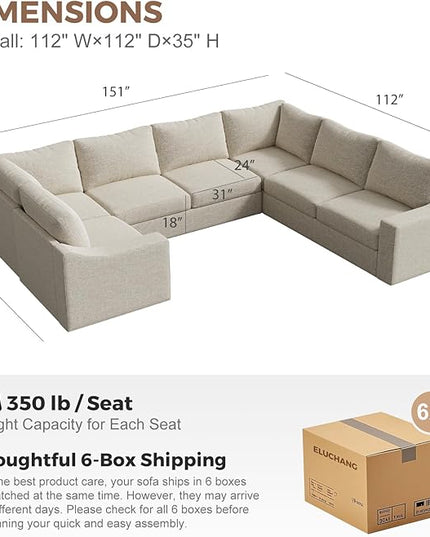 ABCASA Oversized 136" Modular Sectional Sofa, Deep Seat U Shaped Couches for Living Room, Breathable Linen Fabric Corner Couch, Easy to Assemble, Oatmeal