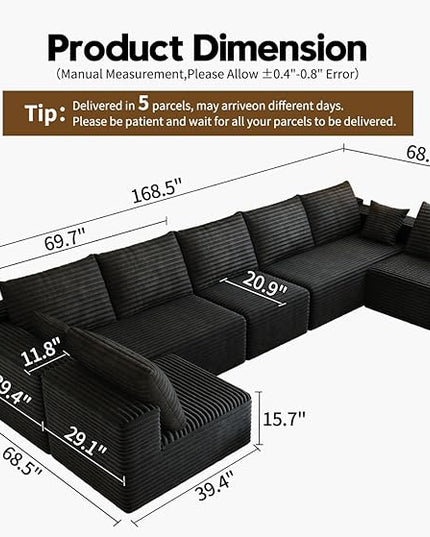 168.5" Modular Sectional Sofa, Oversized U-Shaped Minimalist Couches with 3 Middle Seats Chaise, Modern Deep Seat Convertible Sleeper Sofa, Cloud Plush Corduroy Fabric,7 Seater, Black