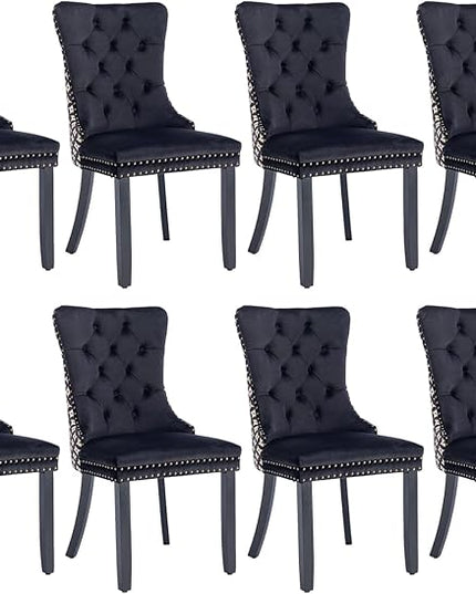 SoarFlash Velvet Dining Chairs Set of 8, Tall Back Side Chair, Modern Upholstered Side Chair with Button Back Ring, Solid Wood Legs (Black&Plaid)