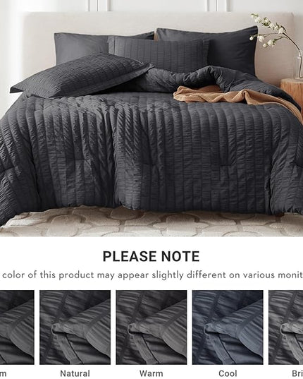 MUXHOMO 7 Pieces King Comforter Set, Seersucker Bed in a Bag King Size, All Season Luxury Bedding Set with Comforter, Flat Sheet, Fitted Sheet, Pillowcases & Shams, Dark Grey