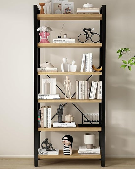 Real Solid Wood Rustic Vintage Industrial Etagere Bookshelf, Metal & Timber Free Vintage Bookcase, Retro Brown (Genuine Timber) (6-Tiers-RawWood)