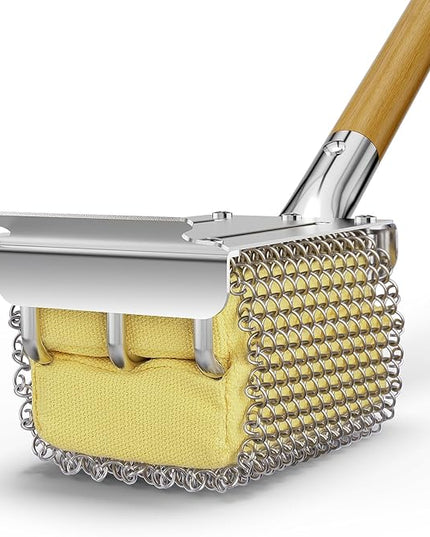 HOUSE AGAIN Grill Brush Bristle Free with Scraper, Safe Steam Cleaned Replaceable Head Fire Resistant Grill Cleaning Brush Strong Barbecue Brush Cleaner Non Wire for Outdoor Grill Grate/Wooden Handle