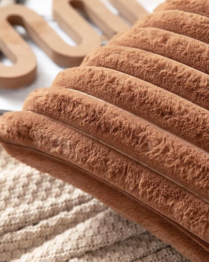 DEELAND Pack of 2,Double-Sided Faux Fur Plush Decorative Throw Pillow Covers Fuzzy Striped Soft Pillowcase Cushion Covers for Sofa Couch Bedroom Brown 24x24 inch