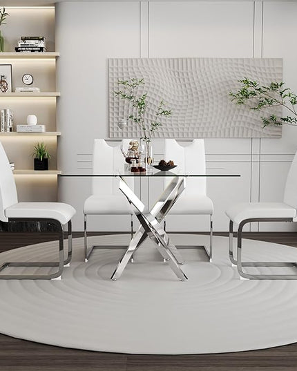 5 Piece Dining Table Table Set, Modern Tempered Glass Dining Table Set for 4 Kitchen Table Set with 4 Upholstered Chairs for Kitchen Dining Room (Sliver Table with White Hoop Leg Chairs)