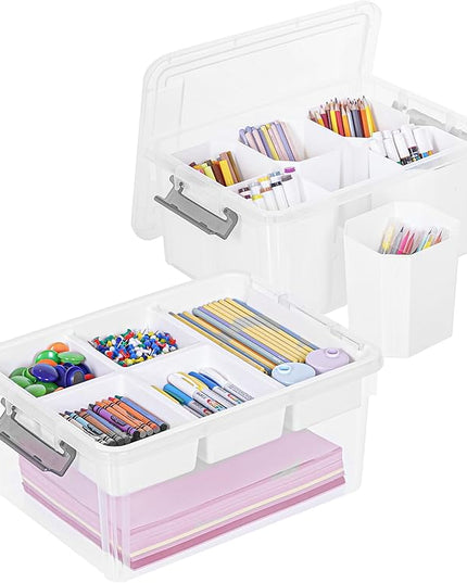 Citylife 17 QT Plastic Storage Box with Removable Tray and 6 Detachable Tall Inserts Craft Organizers and Storage Clear Storage Container for Organizing Crayon, Craft, Sewing, Playdoh, 2 Packs