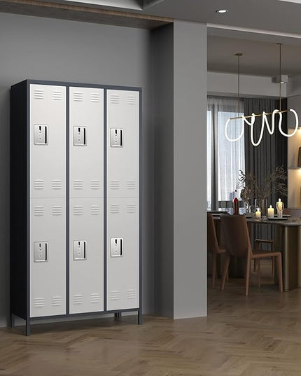 Aobabo Metal Storage Locker for Employees, 6 Doors Metal Locker for Garage, Office, Gym, Dormitory, Industrial Storage with 18 Hooks, Assembly Required, Grey White