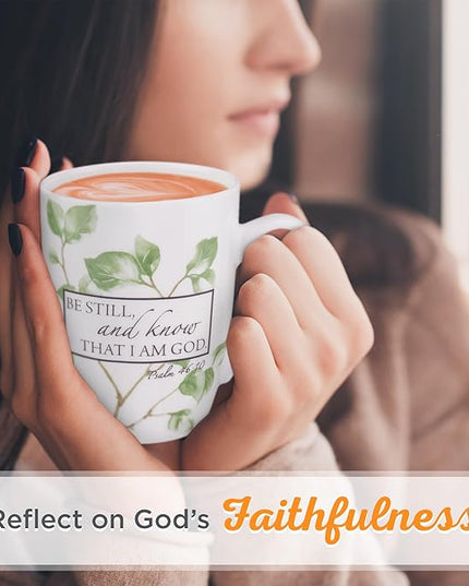 Christian Art Gifts Encouraging Scripture Ceramic Coffee & Tea Mug for Women: Be Still & Know Bible Verse Psalm, Inspirational Microwave/Dishwasher Safe Drinkware, White & Green Leaf Branches, 12 oz.