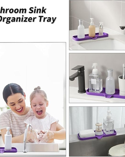Silicone Bathroom Soap Dishes with Drain Spout-Bathroom and Kitchen Sink Organizer,Sponge Holder,Dish Soap Tray,Perfect for Dispenser,Scrubber,Bottle,Cup on Sink or Counter-Purple 12"×4"