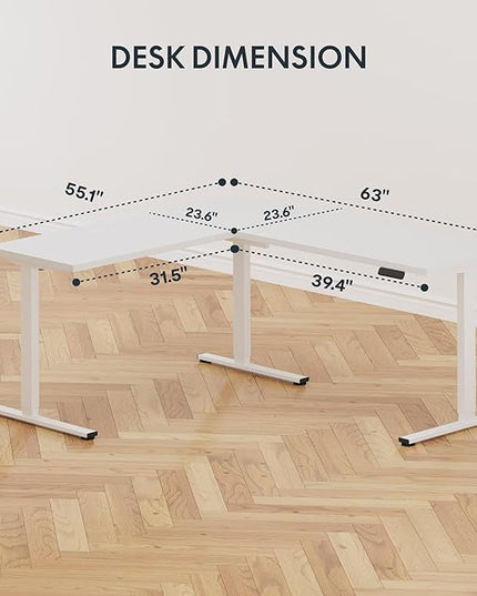 SANODESK L Shaped Standing Desk Adjustable Height, Electric Corner Standing Desk, 63 x 55 inch Sit Stand Computer Table with Splice Board, White