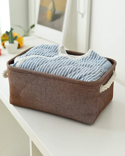TheWarmHome Small Fabric Canvas Storage Bin with Cotton Rope Handles - Foldable Empty Basket for Gift (Brown-1 Pack,11.8L7.9W5.2H inch)
