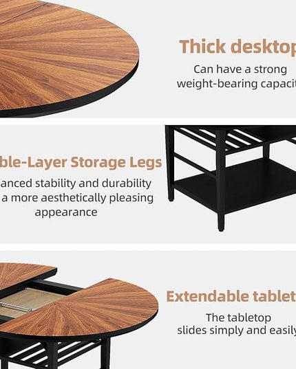 VFK 47.2"-63" Extendable Round Dining Table Set for 4–6, Solid Wood & Metal Table with Wine Rack Storage Shelf, Walnut Kitchen Furniture with 4 Upholstered Chairs (Storage Table and 4 Brown Chairs)