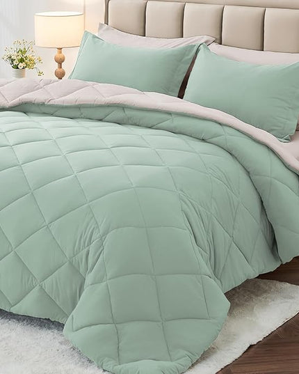 MUXHOMO 7 Pieces California King Comforter Set, Reversible Bed in a Bag Cal King Size, All Season Bedding Set with Comforter, Flat Sheet, Fitted Sheet, Pillowcases & Shams, Sage Green & Beige