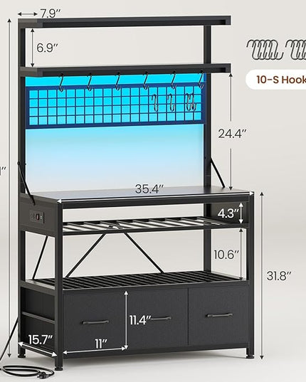 Itaar Bakers Rack with Power Outlet and Storage, 35.4 inch Coffee Bar Cabinet, Microwave Stand Kitchen Cabinet with Hutch, LED Lights, Wine Rack and Hooks, Black