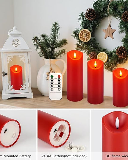 24 Pack Christmas Decoration Flickering Flameless Candles,LED Candles Battery Operated Pillar Candles with Remote Control.for New Year, Home Decor, Parties,Wedding(D2.2 xH 5" 6" 7" Red)