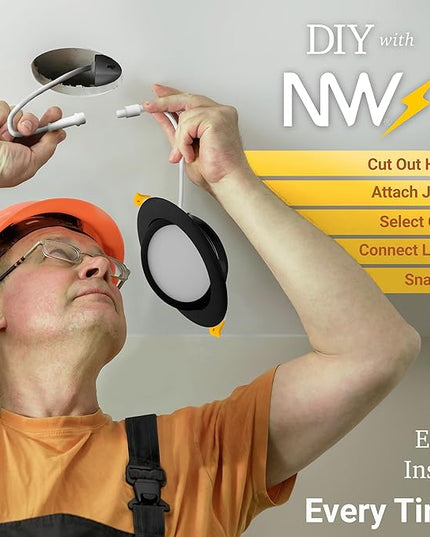 NUWATT 6 Inch Black Gimbal LED Recessed Lighting Canless Wafer Lights, 5CCT 2700K/3000K/3500K/4000K/5000K, Dimmable, 1050LM, 12W, Downlight Adjustable Recessed Swivel LED Sloped Ceiling Light, 6 Pack