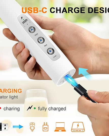 YUSWKO White Handheld Milk Frother Wand with Stand for Coffee, Rechargeable Electric Whisk with 3 Heads 3 Speeds Drink Mixer Coffee Frother For Latte, Cappuccino, Hot Chocolate, Egg