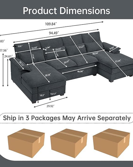 110“ Convertible Sectional Sofa, U Shape Cloud Couch, Comfy Couches with Double Chaise and Sleepable Armrests, 4 Seats Sectional Couches for Living Room, Dark Grey