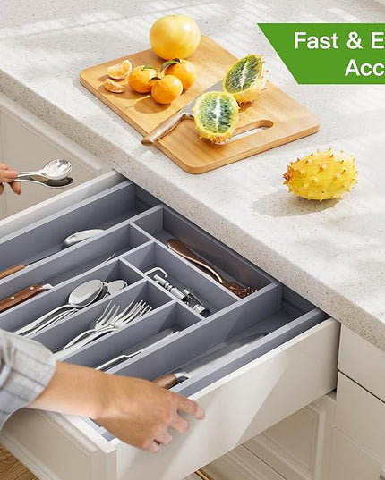 Pipishell Bamboo Expandable Drawer Organizer for Utensils Holder, Adjustable Cutlery Tray, Wood Drawer Dividers Organizer for Silverware, Flatware, Knives in Kitchen, Bedroom, Living Room(M-Grey)