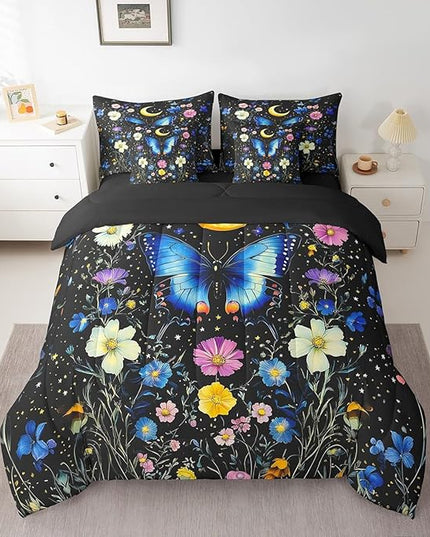 Feelyou 7Pcs Death Moth Comforter Sets Queen Size, Blue Butterfly Decor Moth Flower Garden Comforter Set Bed in a Bag(1 Comforter, 1 Flat Sheet 1 Fitted Sheet 2 Pillowcases and 2 Throw Pillow Covers)