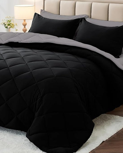 MUXHOMO 7 Pieces Queen Comforter Set, Reversible Bed in a Bag Queen Size, All Season Bedding Set with Comforter, Flat Sheet, Fitted Sheet, Pillowcases & Shams, Black & Soot
