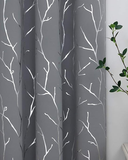 BUHUA Black Out Curtains 108 Inch Long 2 Panels, Soundproof Curtains with Elegant Silver Tree Branches Print, Heat Blocking Curtains for Livingroom, 52W x 108L, Light Grey